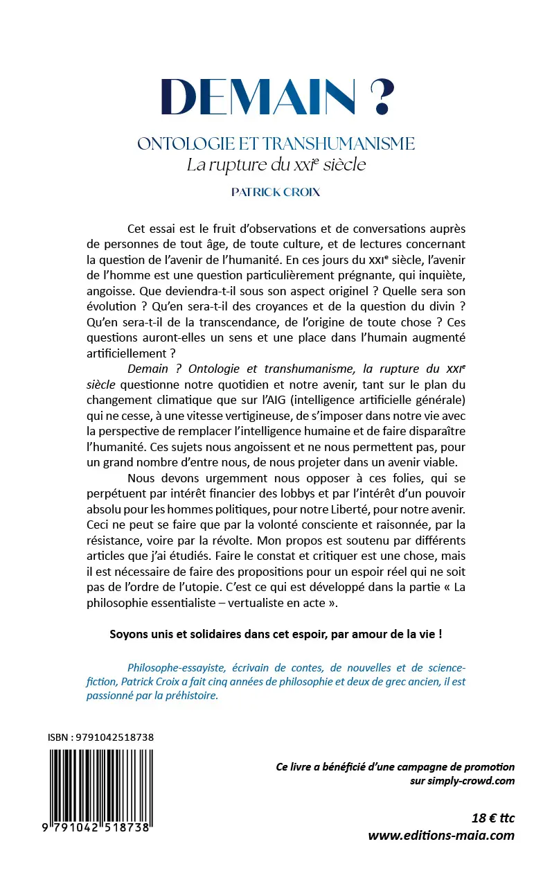 Patrick Croix, Demain ? Ontologie et transhumanisme : la rupture du XXIe siècle