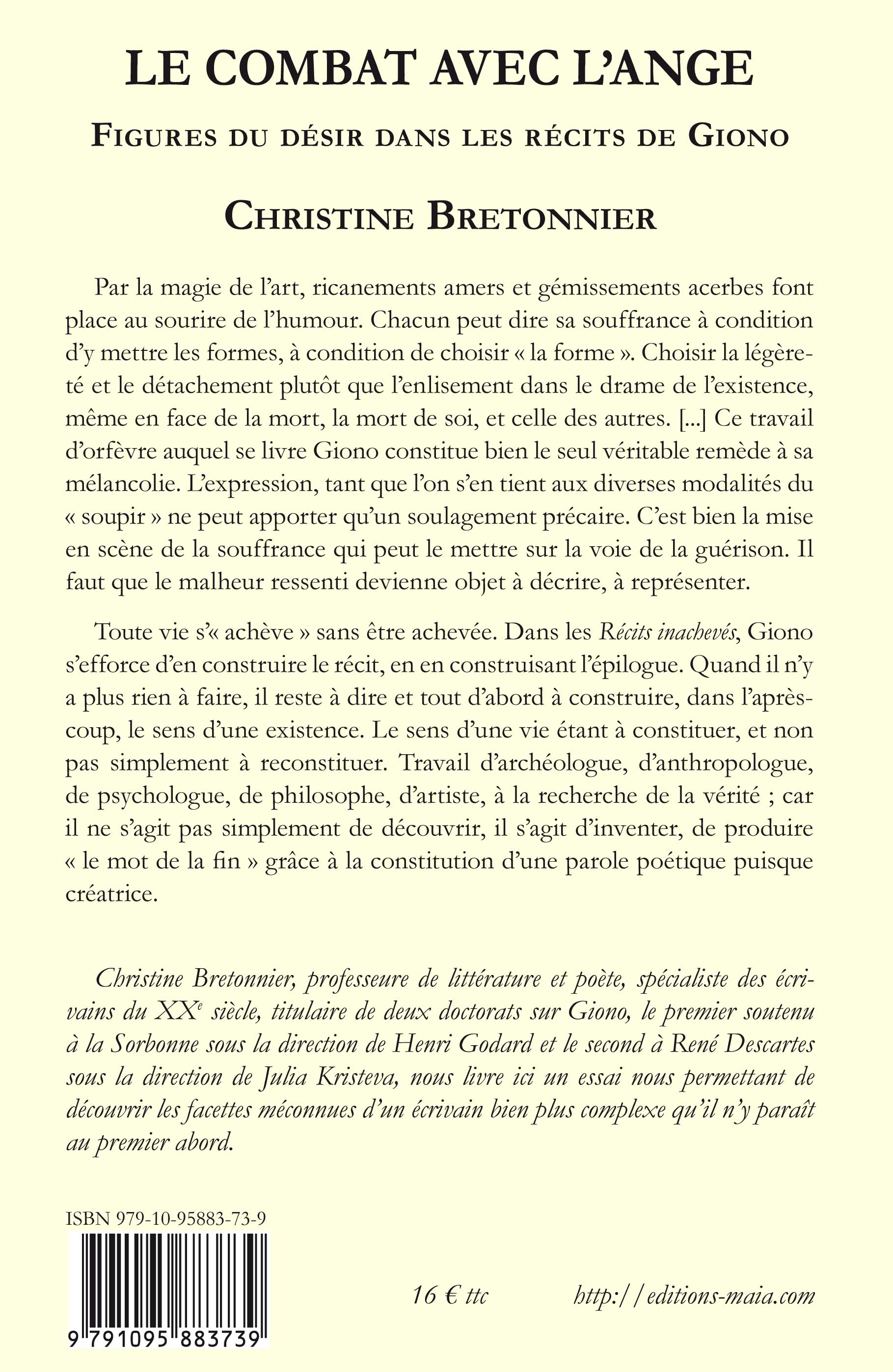 Le Combat Avec L Ange Figures Du Desir Dans Les Recits De Giono Par Christine Bretonnier Achat En Ligne Avec Editions Maia